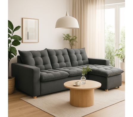 SOFA 3 CUERPOS + SECCIONAL LD 2.40 X 1.60 X 0.90 M PANA SHERPA GRIS OSCURO SOMBRAS